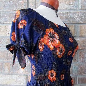 MAXI DRESS, S-M, NAVY ORANGE FLORAL, SHIRRED BODICE, PUFF SLEEVES SEVEN ISLAND